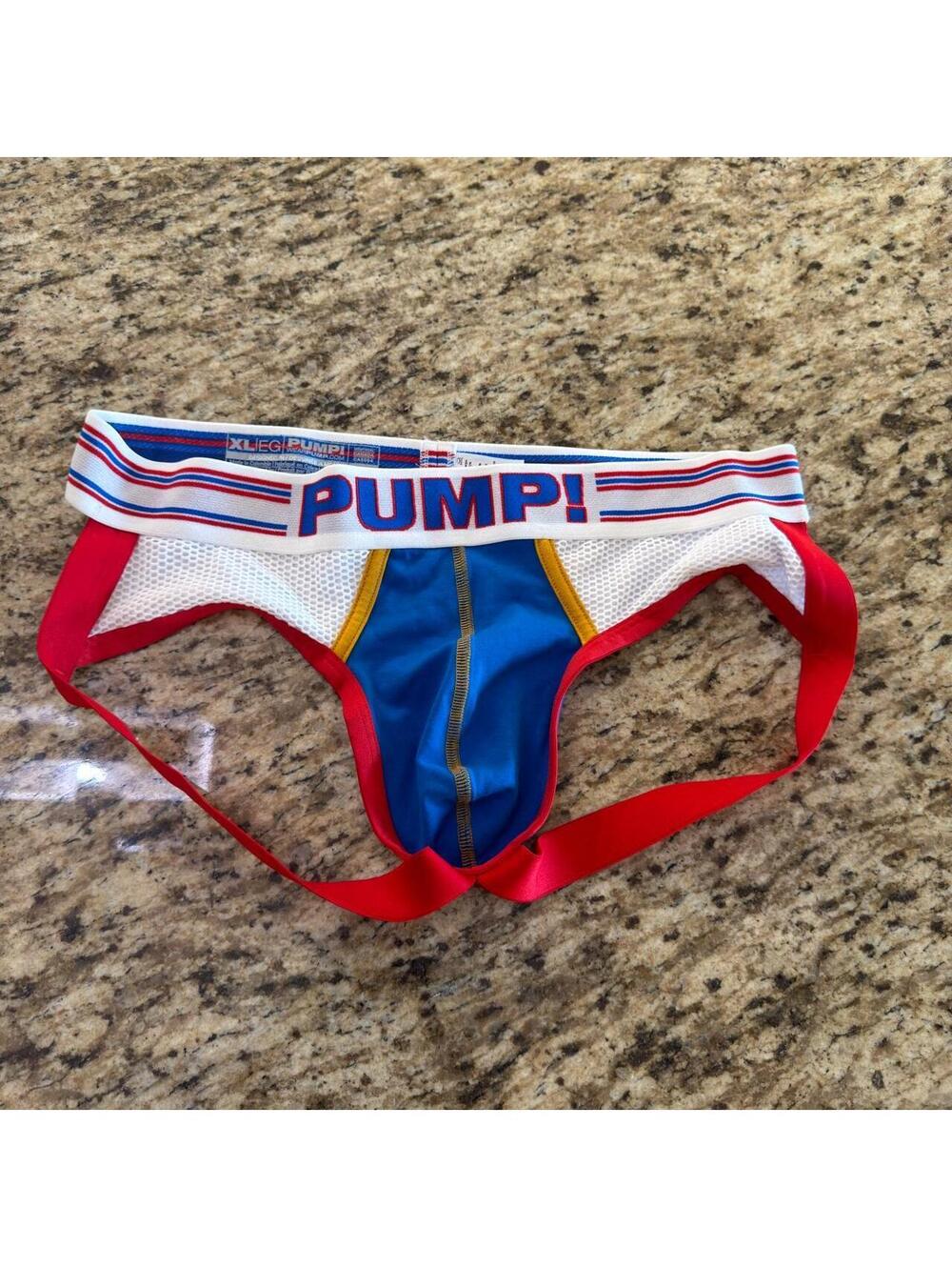 Pump red, white, blue - 'PUMP' in red and blue lettering. #pumpi #athletic